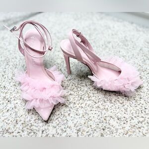 Gianni Bini Pink Mays Ruffle Mesh Ankle Strap Pumps Heels Preppy Pretty Size 7